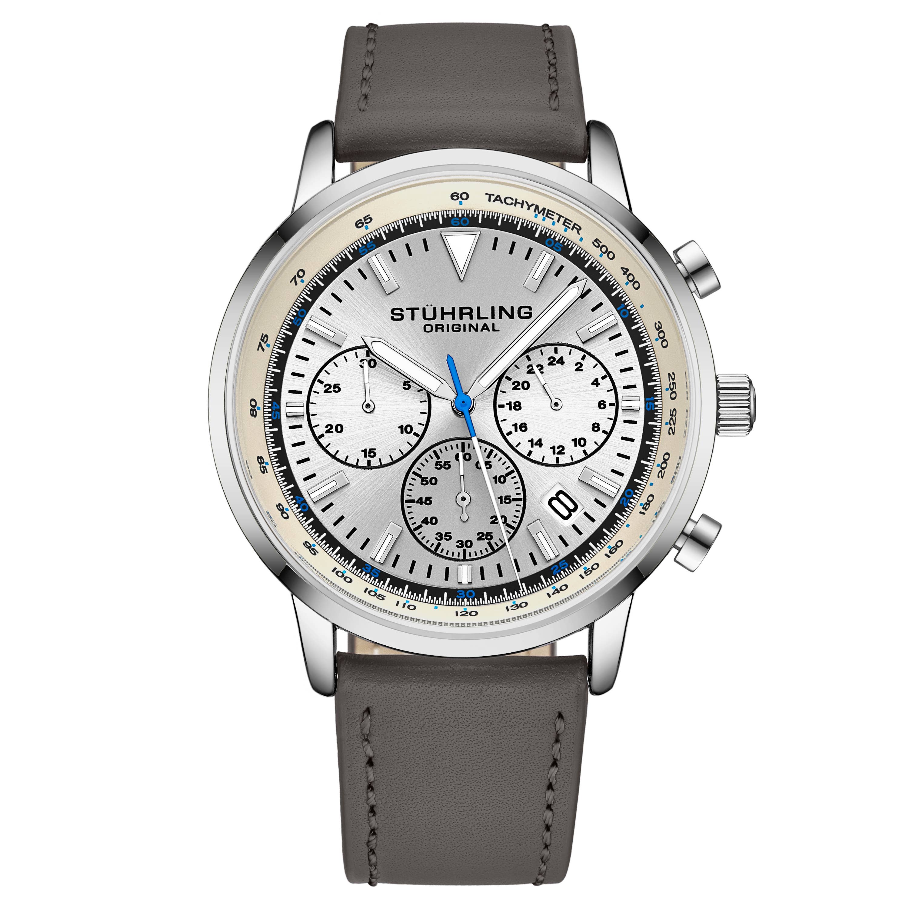 Monaco Chronograph with Tachymeter Quartz 3986L 44mm Watch Silver Dial / Silver Case / Grey Leather Strap