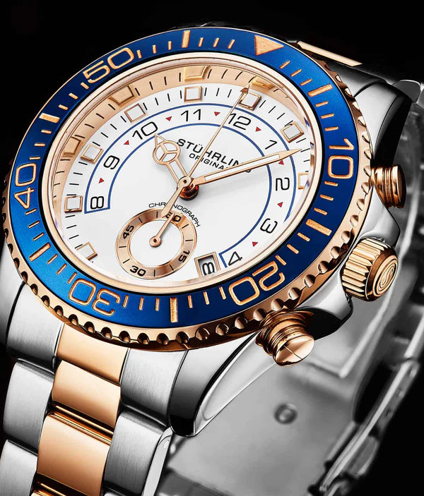 Brigadier Quartz 3966 Chronograph 42mm Diver White Dial / Blue Bezel / 2 Tone Rose Bracelet