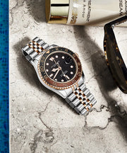 Meridian 3968 GMT Quartz 42mm Diver Black Dial / Silver Case / Rose Bracelet