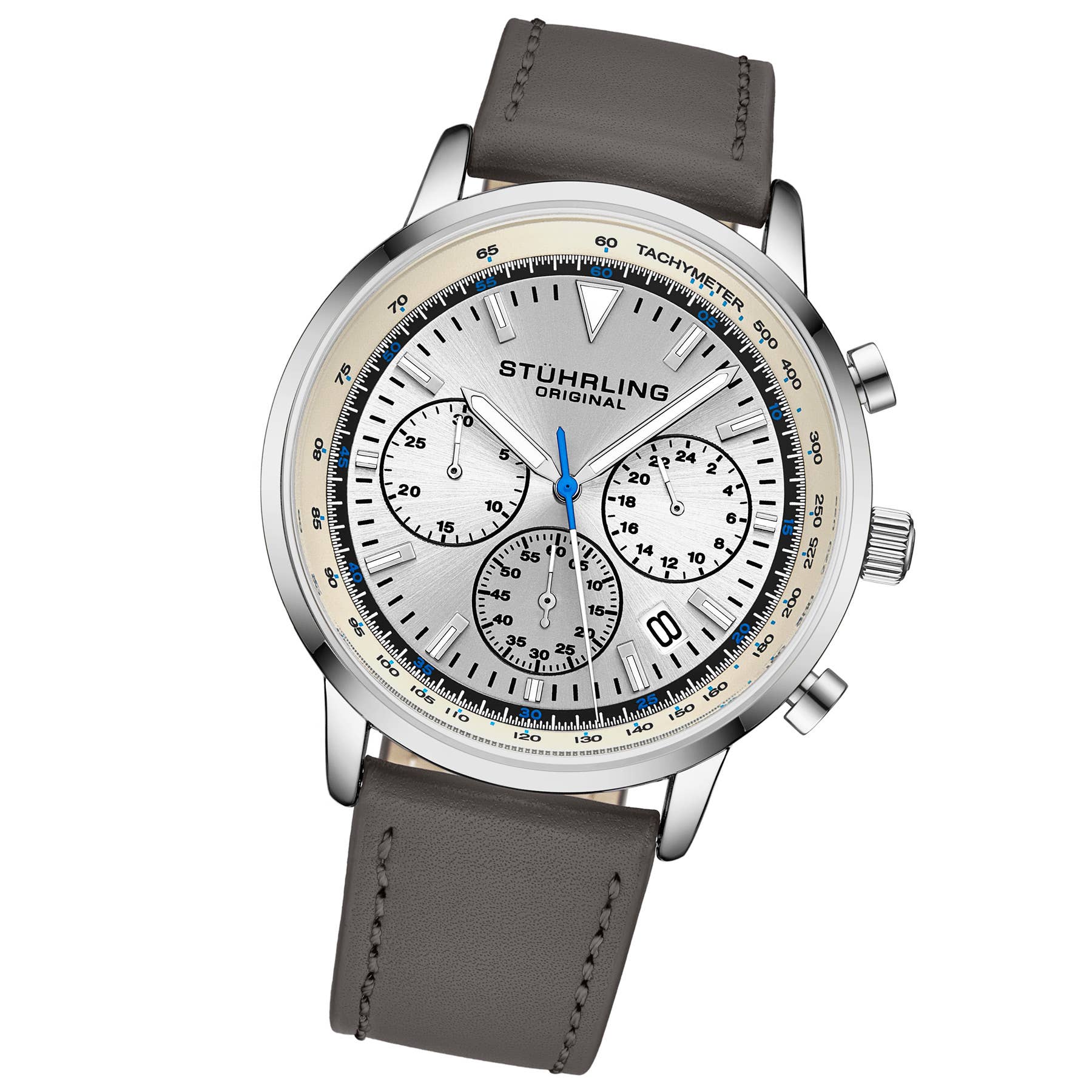 Monaco Chronograph with Tachymeter Quartz 3986L 44mm Watch Silver Dial / Silver Case / Grey Leather Strap